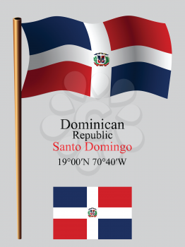 dominican republic wavy flag and coordinates against gray background, vector art illustration, image contains transparency