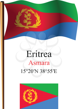 eritrea wavy flag and coordinates against white background, vector art illustration, image contains transparency