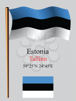 estonia wavy flag and coordinates against gray background, vector art illustration, image contains transparency