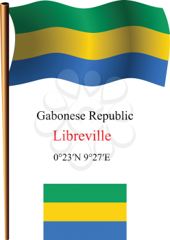 gabonese republic wavy flag and coordinates against white background, vector art illustration, image contains transparency