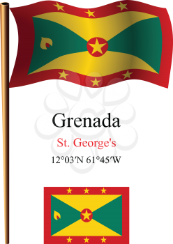 grenada wavy flag and coordinates against white background, vector art illustration, image contains transparency