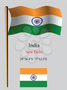india wavy flag and coordinates against gray background, vector art illustration, image contains transparency