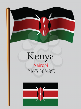 kenya wavy flag and coordinates against gray background, vector art illustration, image contains transparency