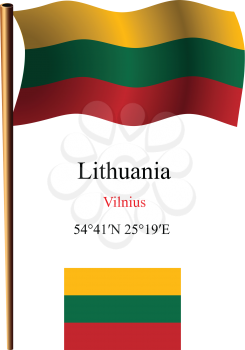 lithuania wavy flag and coordinates against white background, vector art illustration, image contains transparency