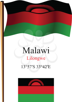 malawi wavy flag and coordinates against white background, vector art illustration, image contains transparency