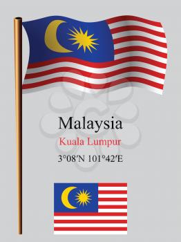 malaysia wavy flag and coordinates against gray background, vector art illustration, image contains transparency