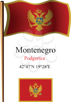 montenegro wavy flag and coordinates against white background, vector art illustration, image contains transparency