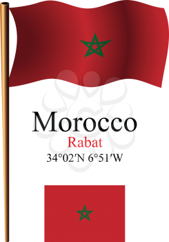 morocco wavy flag and coordinates against white background, vector art illustration, image contains transparency