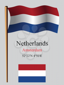 netherlands wavy flag and coordinates against gray background, vector art illustration, image contains transparency