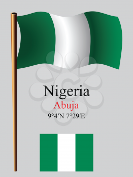 nigeria wavy flag and coordinates against gray background, vector art illustration, image contains transparency