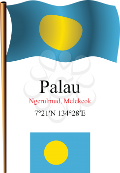 palau wavy flag and coordinates against white background, vector art illustration, image contains transparency