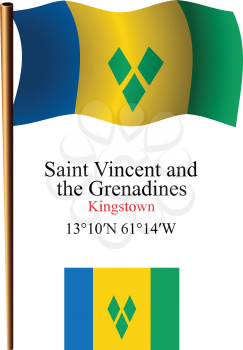 saint vincent and the grenadines wavy flag and coordinates against white background, vector art illustration, image contains transparency