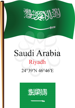 saudi arabia wavy flag and coordinates against white background, vector art illustration, image contains transparency