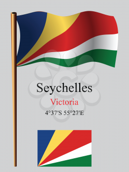 seychelles wavy flag and coordinates against gray background, vector art illustration, image contains transparency