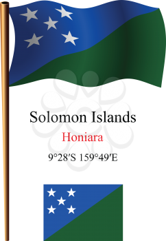 solomon islands wavy flag and coordinates against white background, vector art illustration, image contains transparency