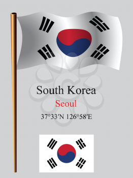 south korea wavy flag and coordinates against gray background, vector art illustration, image contains transparency
