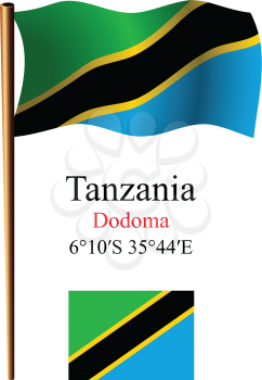 tanzania wavy flag and coordinates against white background, vector art illustration, image contains transparency