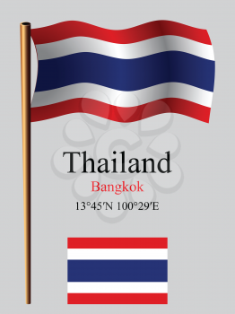thailand wavy flag and coordinates against gray background, vector art illustration, image contains transparency