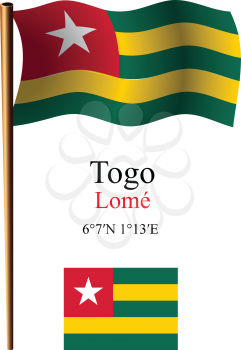 togo wavy flag and coordinates against white background, vector art illustration, image contains transparency