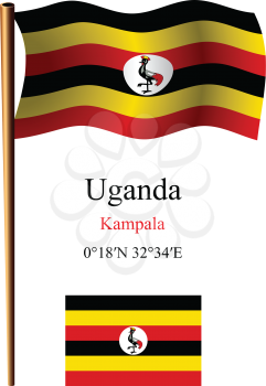 uganda wavy flag and coordinates against white background, vector art illustration, image contains transparency