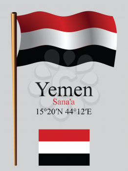 yemen wavy flag and coordinates against gray background, vector art illustration, image contains transparency