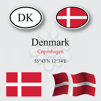 denmark icons set against gray background, abstract vector art illustration, image contains transparency