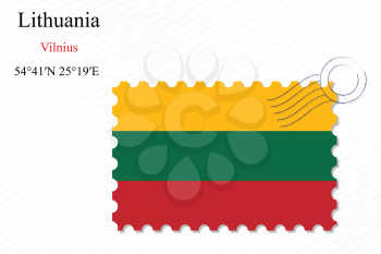 lithuania stamp design over stripy background, abstract vector art illustration, image contains transparency