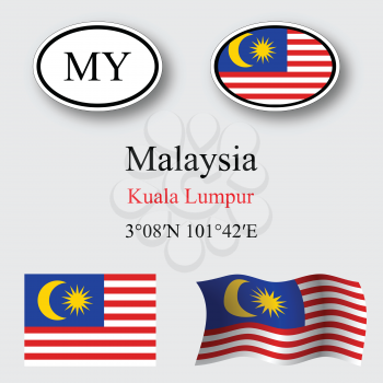 malaysia icons set against gray background, abstract vector art illustration, image contains transparency