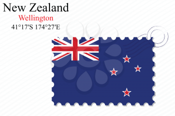 new zealand stamp design over stripy background, abstract vector art illustration, image contains transparency