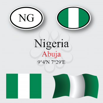 nigeria icons set against gray background, abstract vector art illustration, image contains transparency