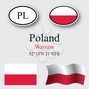 poland icons set against gray background, abstract vector art illustration, image contains transparency