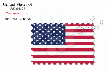 united states of america stamp design over stripy background, abstract vector art illustration, image contains transparency