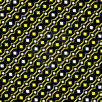 circles diamonds and stripes texture against black background, abstract seamless pattern, vector art illustration