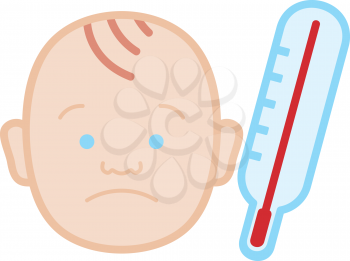 Royalty Free Clipart Image of a Sick Baby's Face and a Thermometer