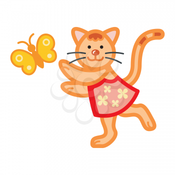 Royalty Free Clipart Image of a Cat Chasing a Butterfly