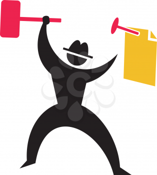 Royalty Free Clipart Image of a Silhouette Hammering a Paper to a Wall