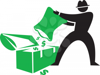 Royalty Free Clipart Image of a Man Dumping Money Into a Chest