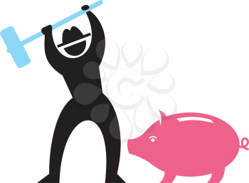 Royalty Free Clipart Image of a Silhouette About to Hit a Pink Pig With a Hammer