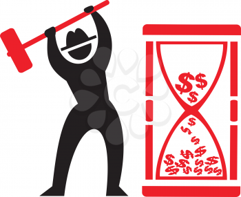 Royalty Free Clipart Image of a Silhouette About to Smash an Hourglass With Money Falling Through It