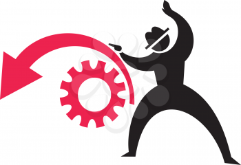 Royalty Free Clipart Image of a Man Beside and Arrow and Cog