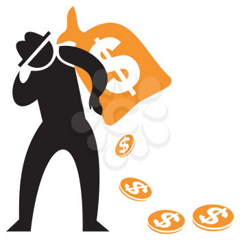 Royalty Free Clipart Image of a Man Carrying a Bag of Money With Coins Falling Out
