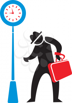 Royalty Free Clipart Image of a Man With a Briefcase by a Clock