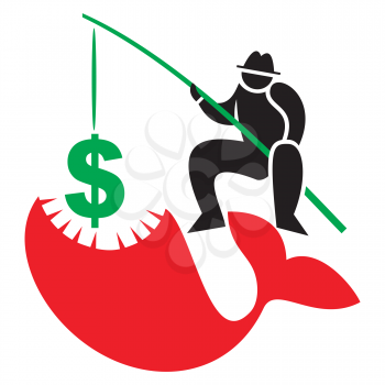 Royalty Free Clipart Image of a Man Fishing With a Dollar Sign as Bait