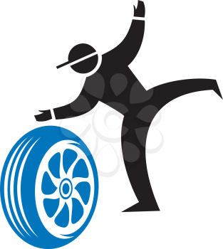 Royalty Free Clipart Image of a Man Rolling a Tire