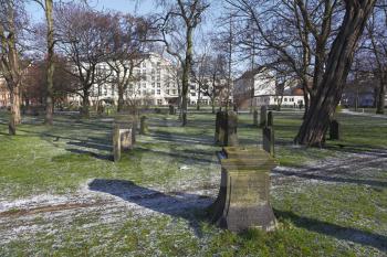  Early spring in city park of German city with the kept ancient cemetery