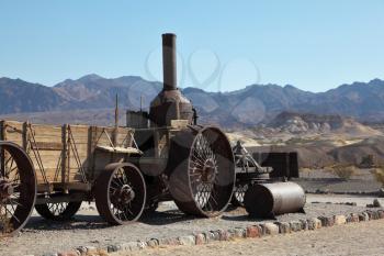 The open air museum. Antique cars and carts of the first settlers in the Death Valley 