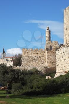 Grandiose walls of Jerusalem and the Tower of David
