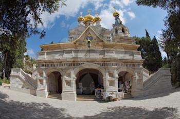 The great city of Jerusalem. Orthodox church of St. Mary Magdalene. The magnificent church of the famous Jerusalem stone, surmounted by golden domes