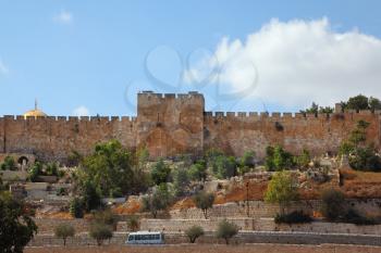 Ancient defensive walls in Jerusalem and the famous Golden Gate
