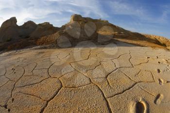 Ancient mountains and the dry ground in desert of Israel, photographed by an objective  the Fish eye 